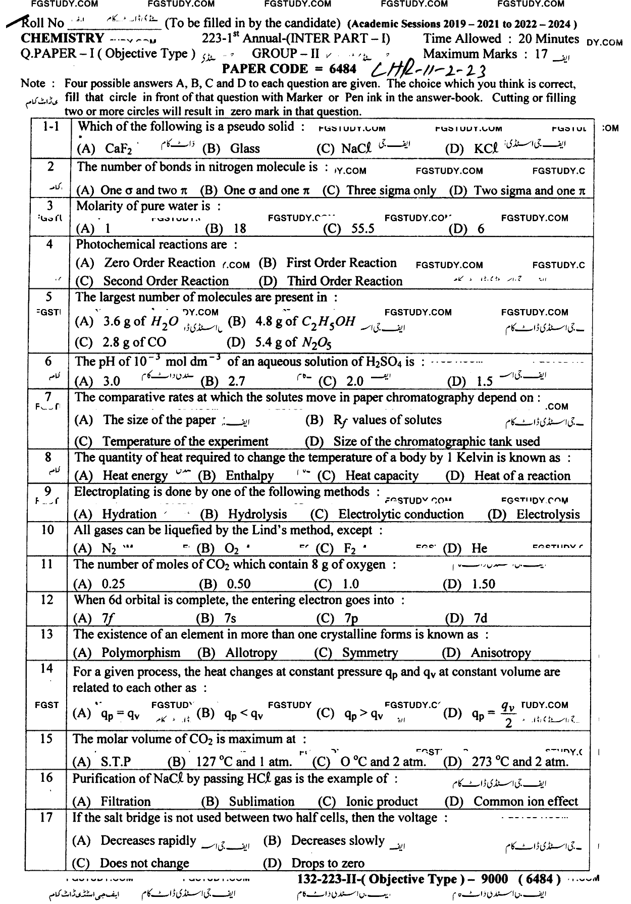 11th Class Chemistry Past Paper 2023 Lahore Board Group 2 Objective