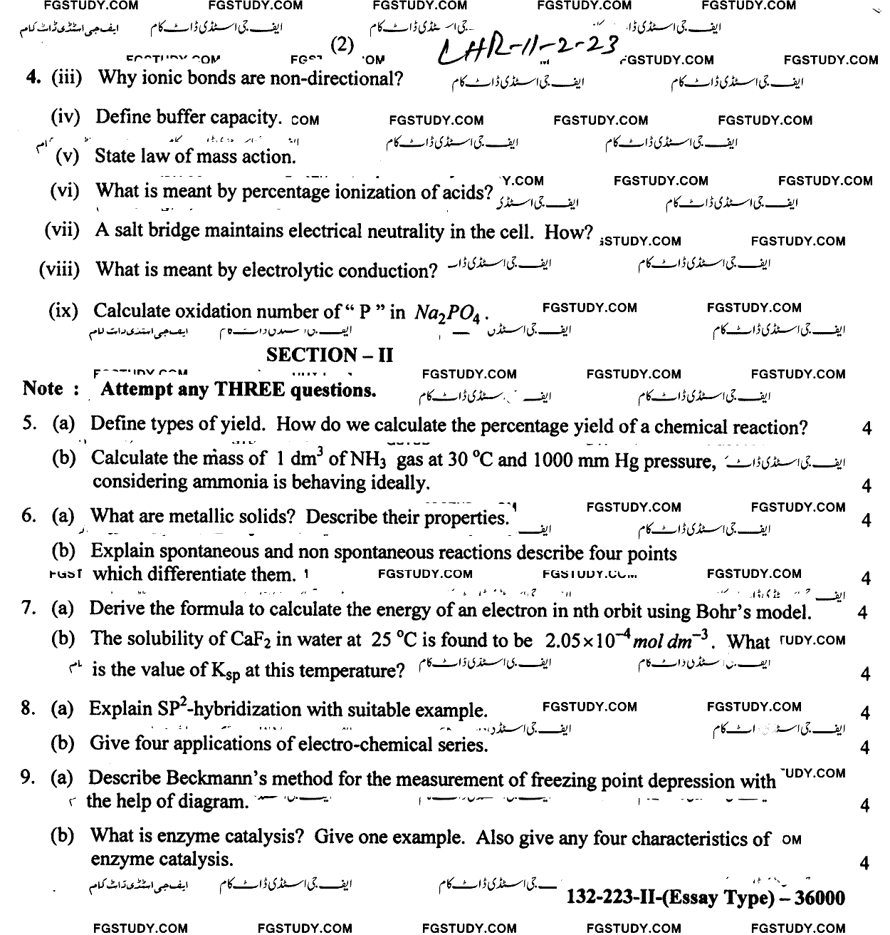 11th Class Chemistry Past Paper 2023 Lahore Board Group 2 Subjective