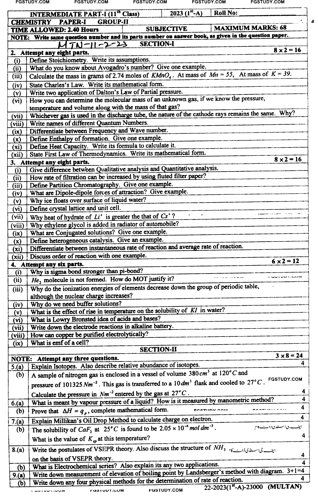 11th Class Chemistry Past Paper 2023 Multan Board Group 2 Subjective