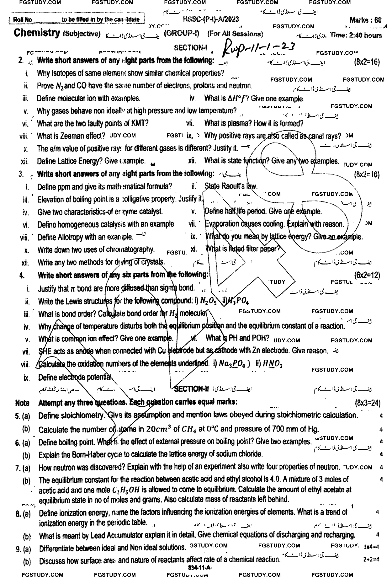 11th Class Chemistry Past Paper 2023 Rawalpindi Board Group 1 Subjective