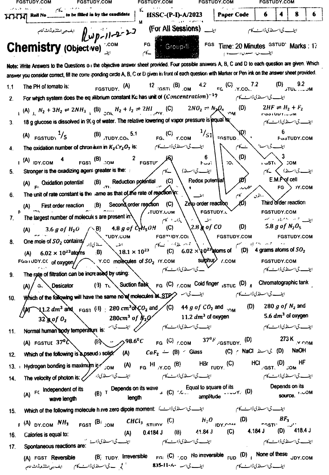 11th Class Chemistry Past Paper 2023 Rawalpindi Board Group 2 Objective