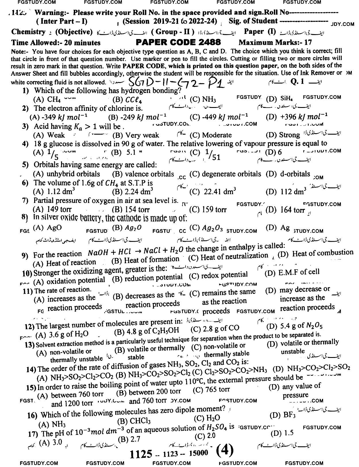 11th Class Chemistry Past Paper 2023 Sargodha Board Group 2 Objective