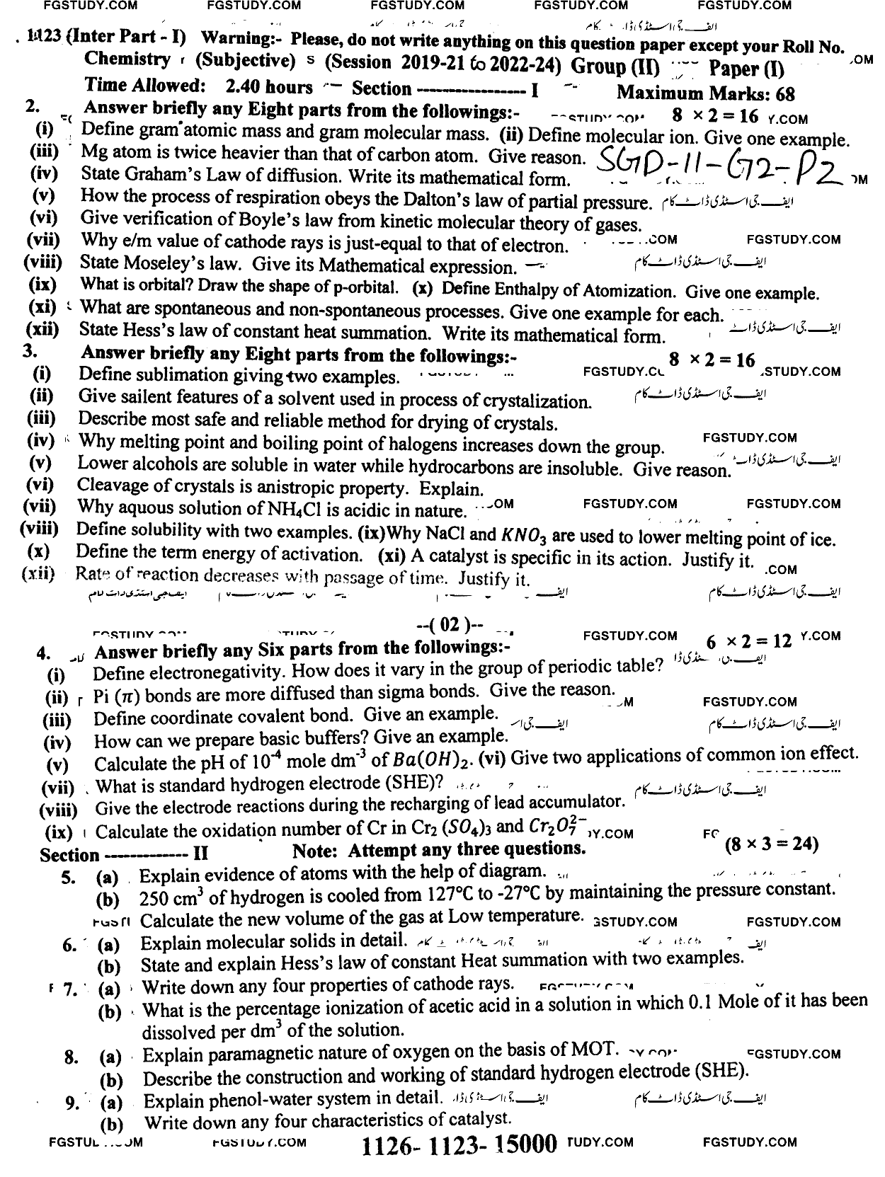 11th Class Chemistry Past Paper 2023 Sargodha Board Group 2 Subjective
