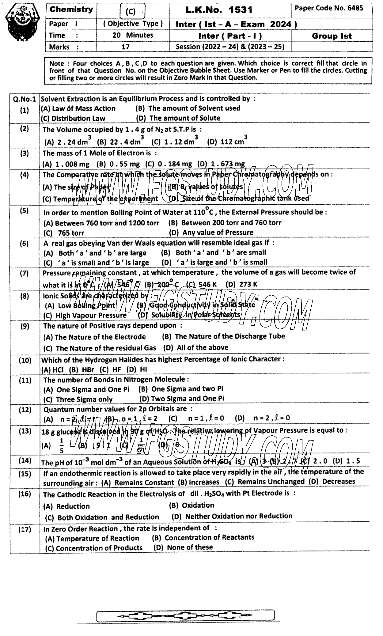 11th Class Chemistry Past Paper 2024 Bahawalpur Board Group 1 Objective