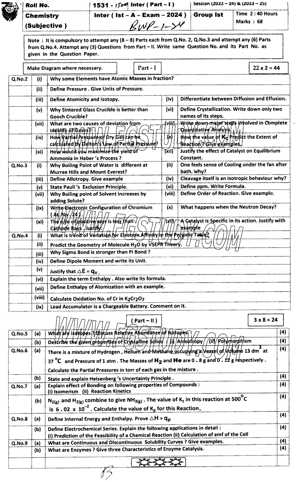 11th Class Chemistry Past Paper 2024 Bahawalpur Board Group 1 Subjective