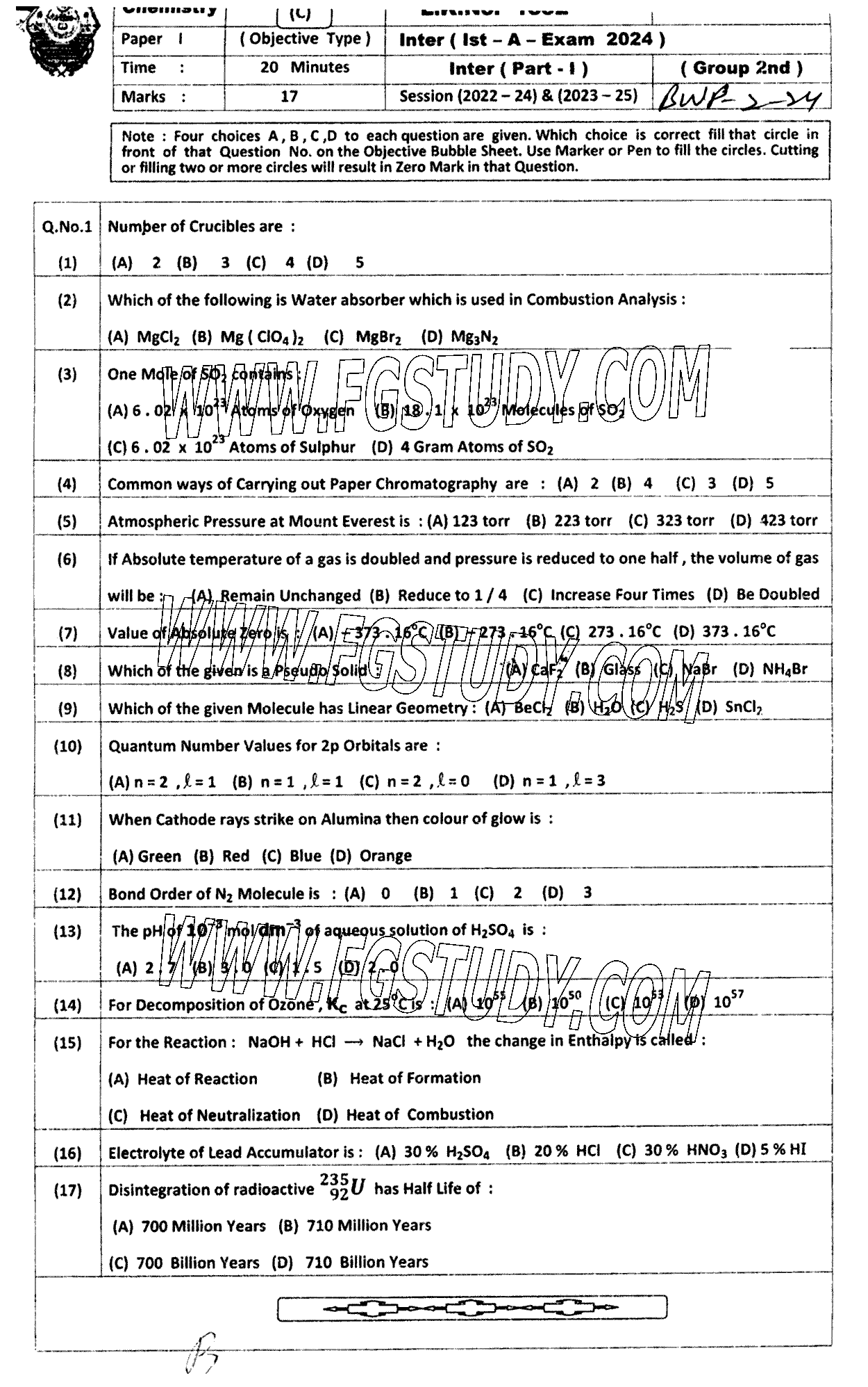 11th Class Chemistry Past Paper 2024 Bahawalpur Board Group 2 Objective
