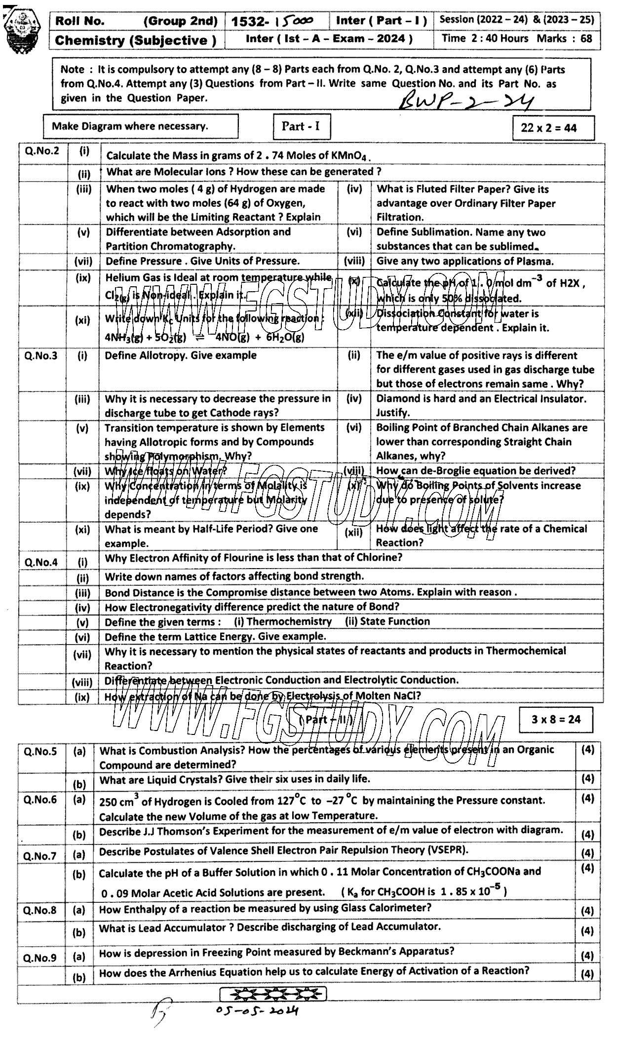 11th Class Chemistry Past Paper 2024 Bahawalpur Board Group 2 Subjective