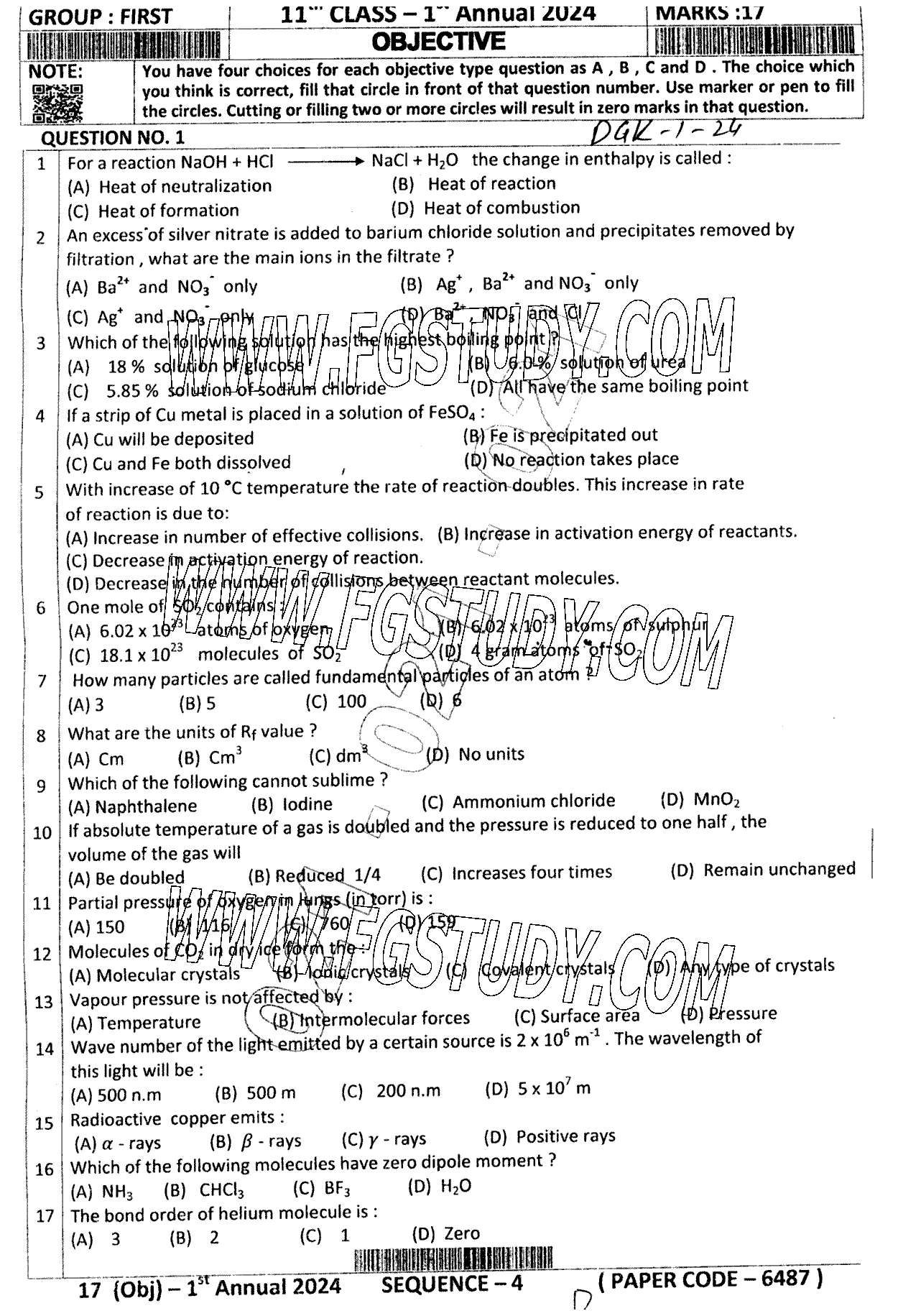 11th Class Chemistry Past Paper 2024 Dg Khan Board Group 1 Objective
