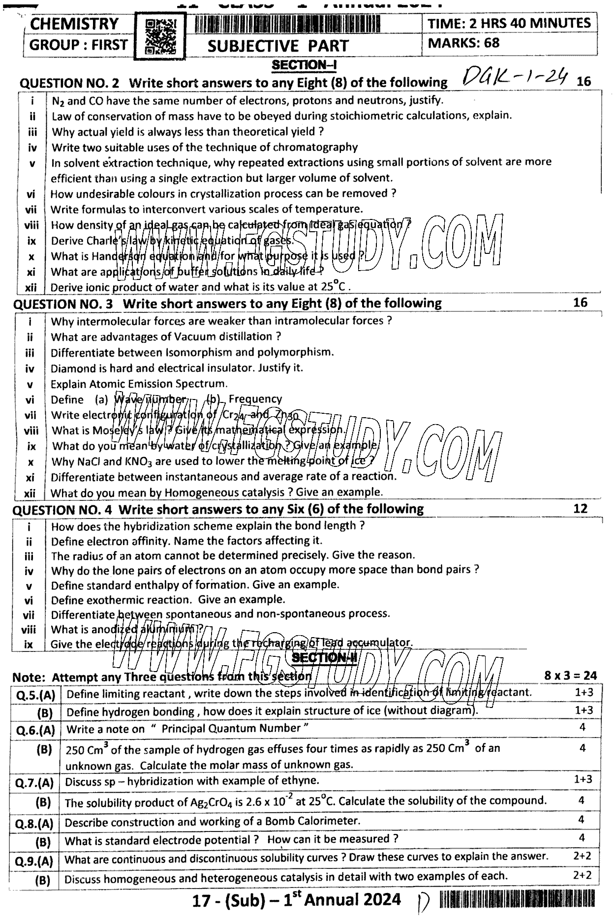 11th Class Chemistry Past Paper 2024 Dg Khan Board Group 1 Subjective
