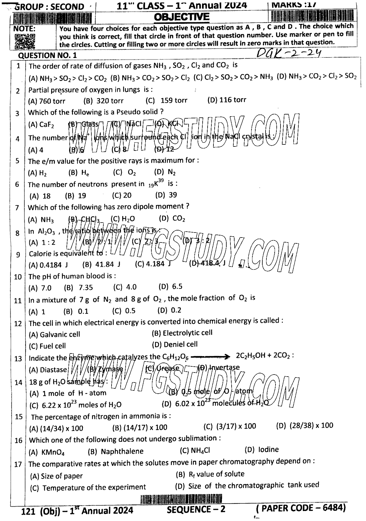 11th Class Chemistry Past Paper 2024 Dg Khan Board Group 2 Objective