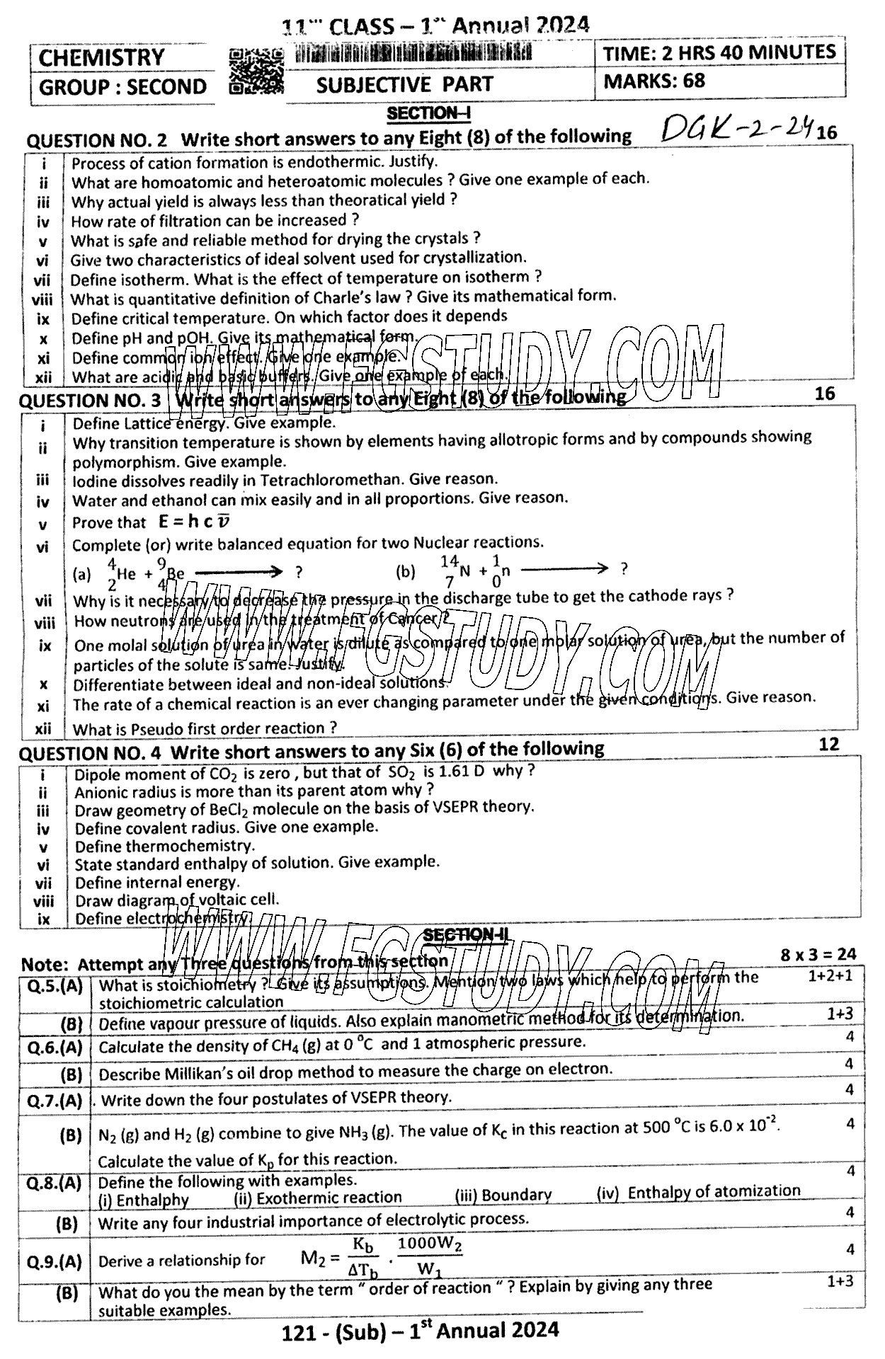 11th Class Chemistry Past Paper 2024 Dg Khan Board Group 2 Subjective