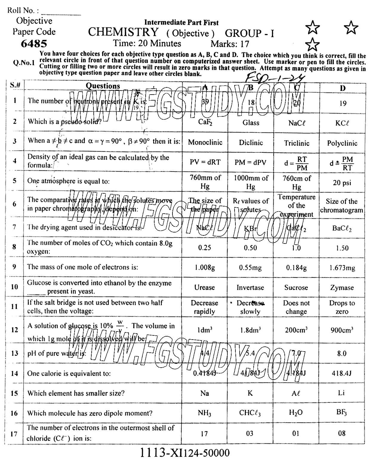 11th Class Chemistry Past Paper 2024 Faisalabad Board Group 1 Objective
