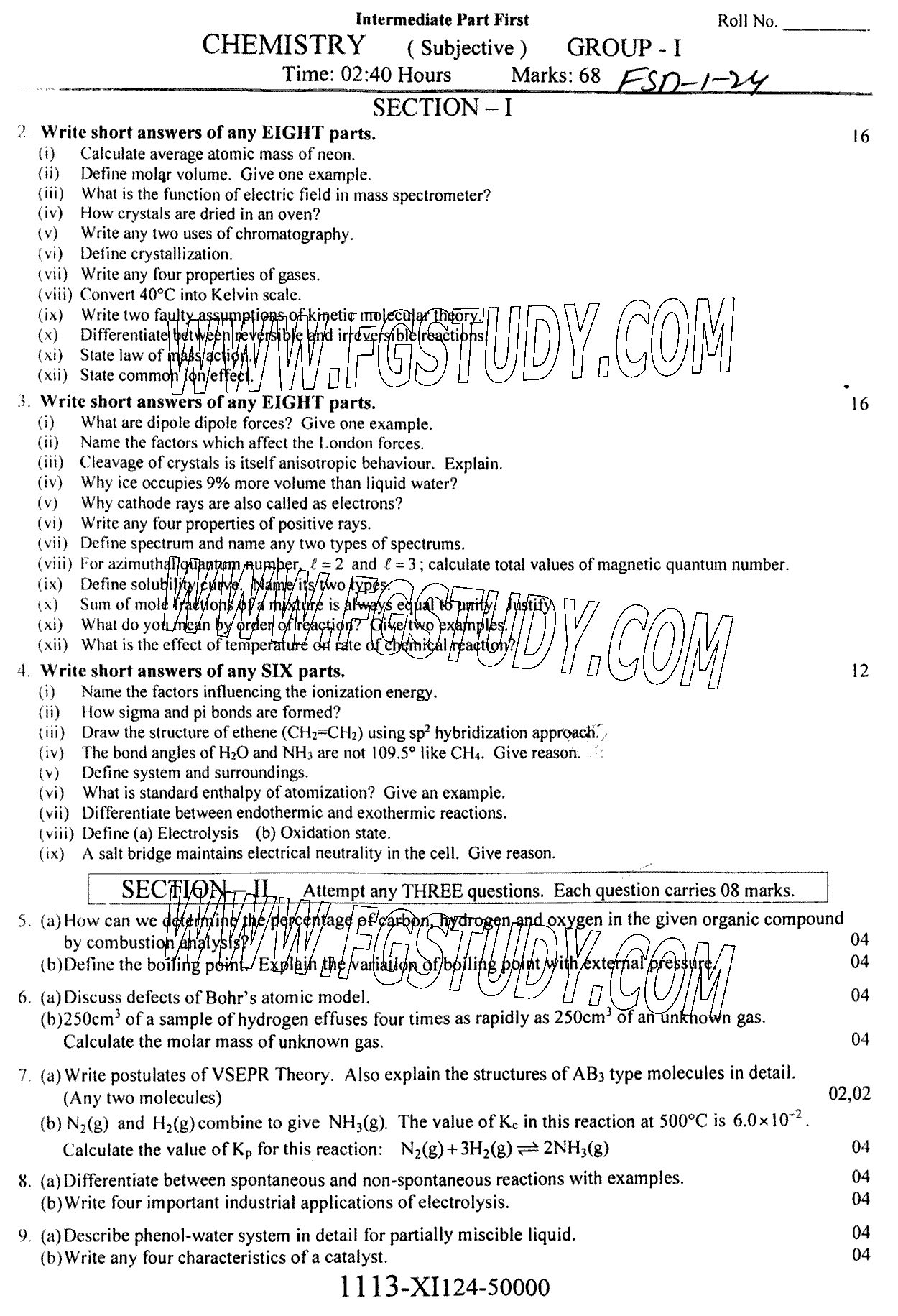 11th Class Chemistry Past Paper 2024 Faisalabad Board Group 1 Subjective
