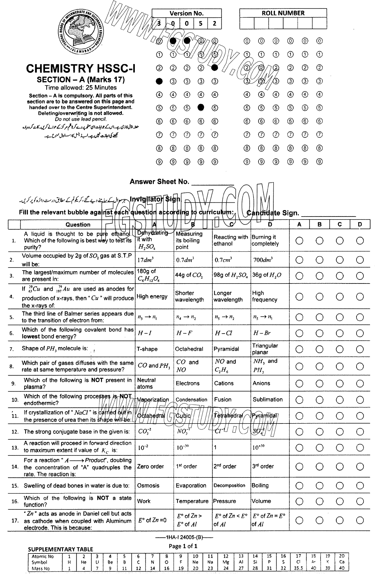 11th Class Chemistry Past Paper 2024 Federal Board Islamabad Group 1 Objective