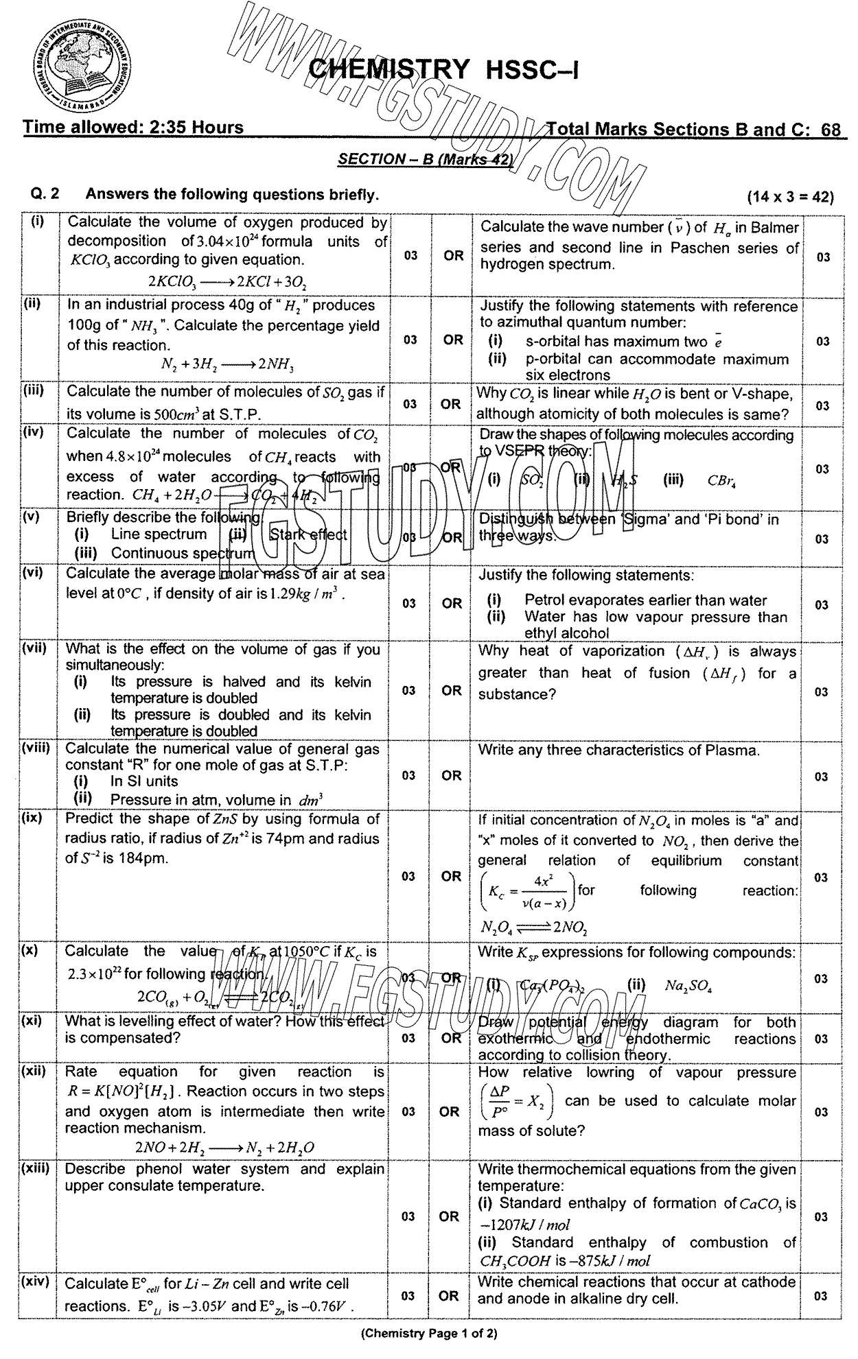 11th Class Chemistry Past Paper 2024 Federal Board Islamabad Group 1 Subjective