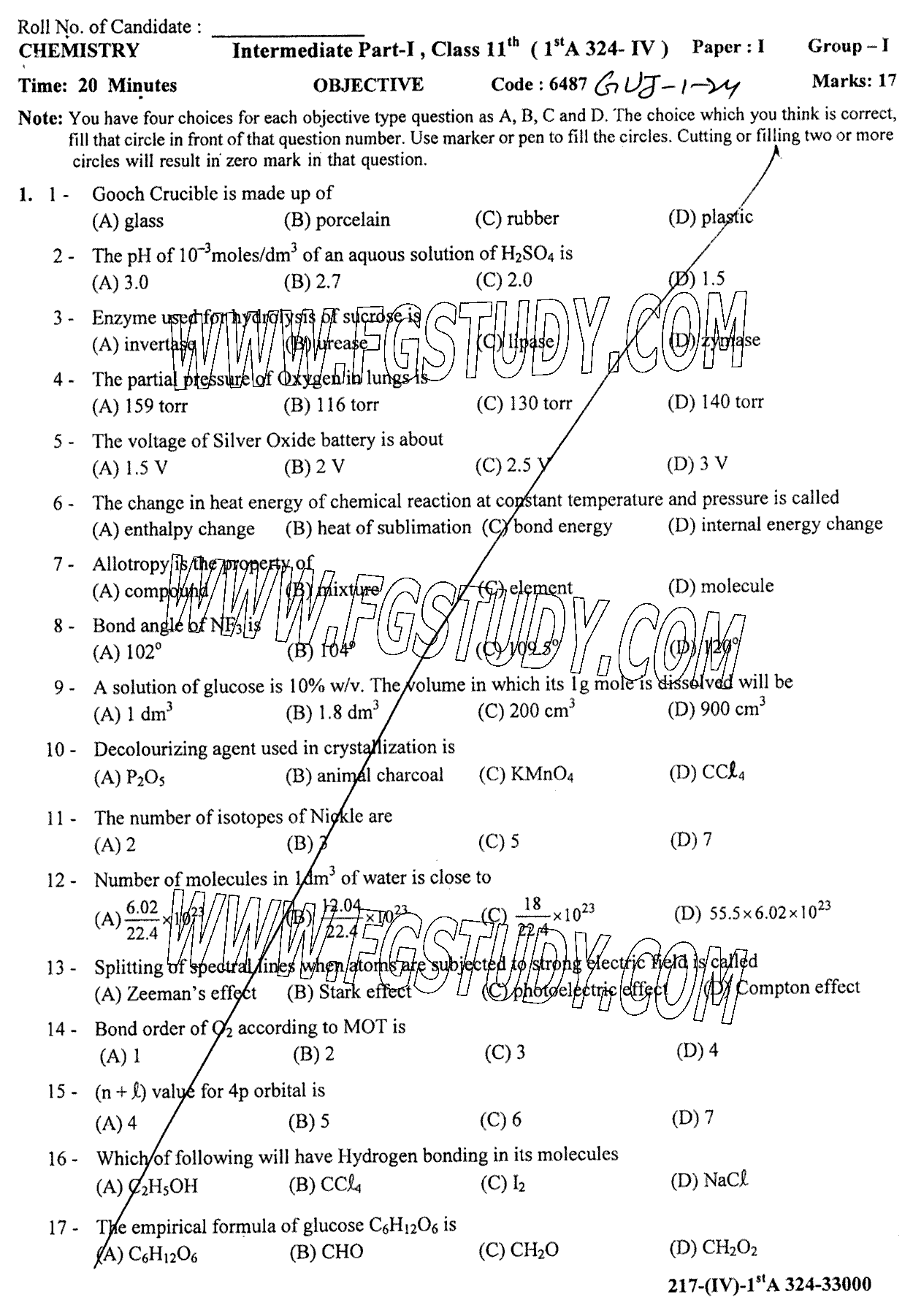 11th Class Chemistry Past Paper 2024 Gujranwala Board Group 1 Objective