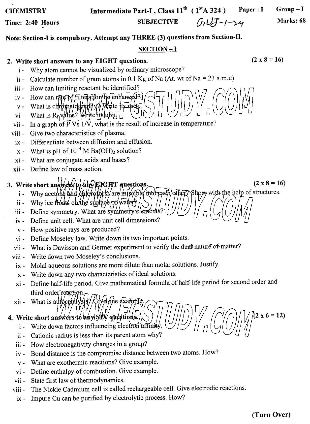 11th Class Chemistry Past Paper 2024 Gujranwala Board Group 1 Subjective