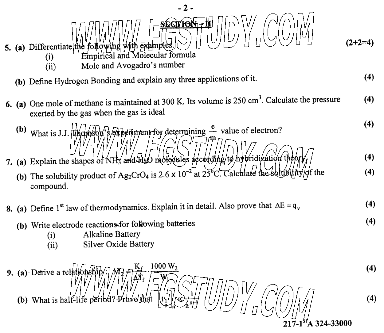 11th Class Chemistry Past Paper 2024 Gujranwala Board Group 1 Subjective