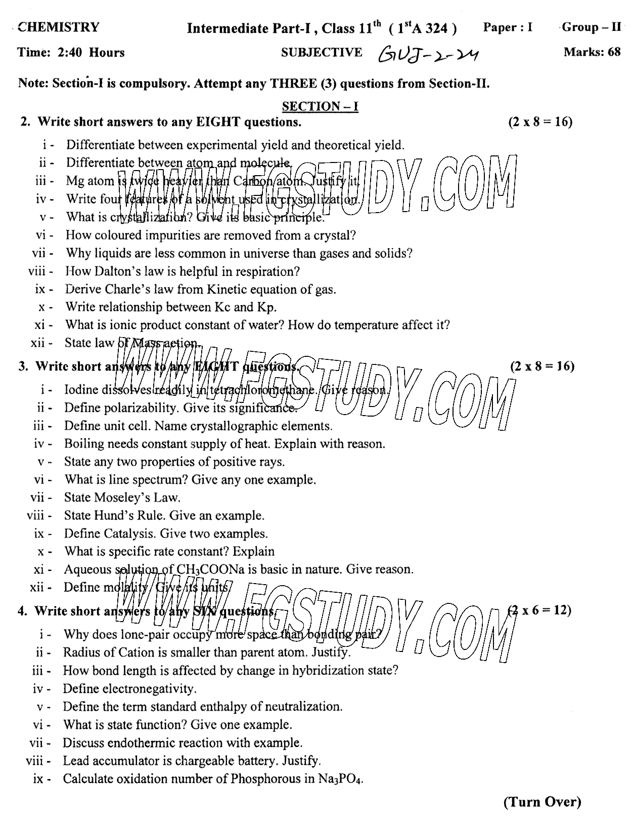11th Class Chemistry Past Paper 2024 Gujranwala Board Group 2 Subjective