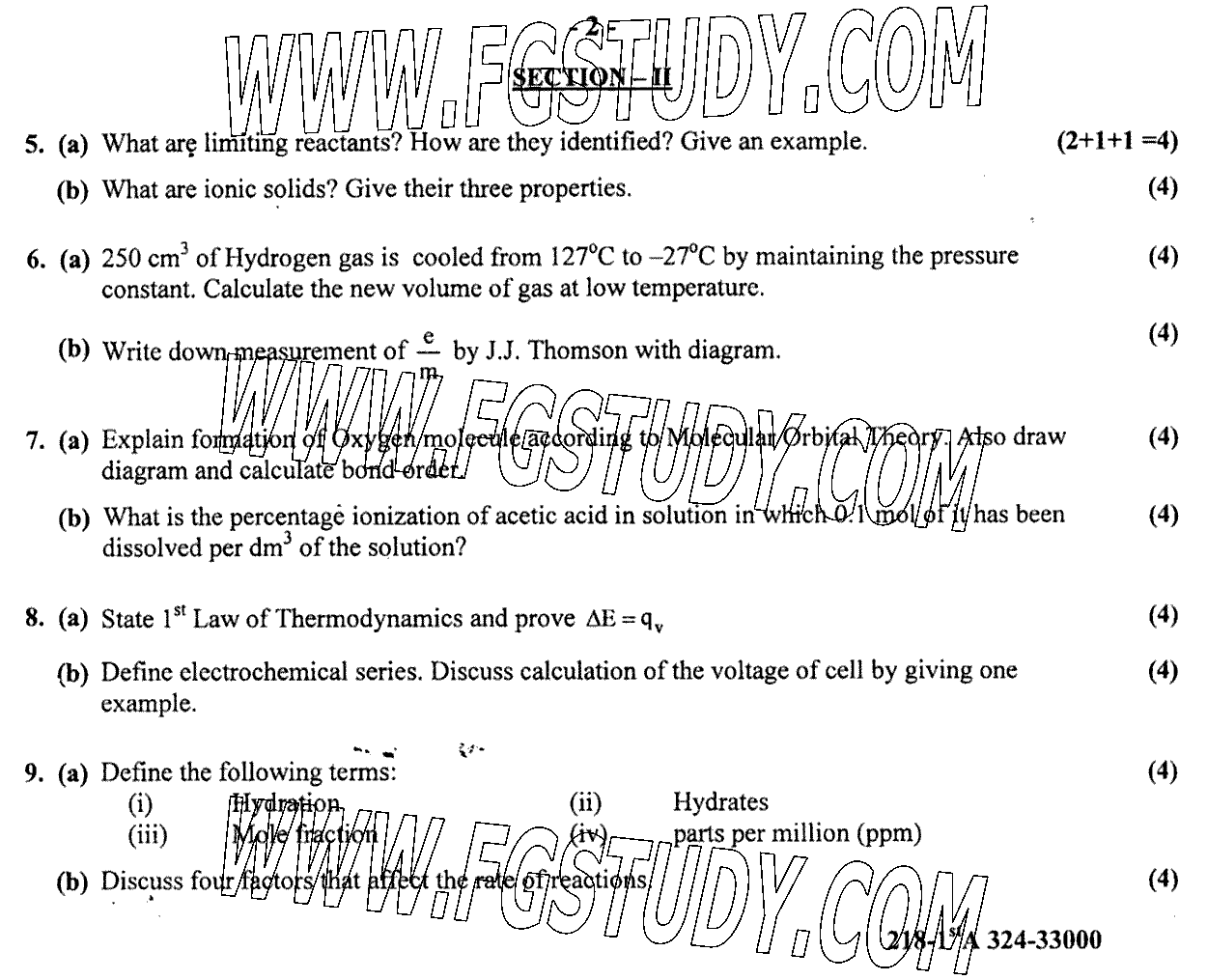 11th Class Chemistry Past Paper 2024 Gujranwala Board Group 2 Subjective