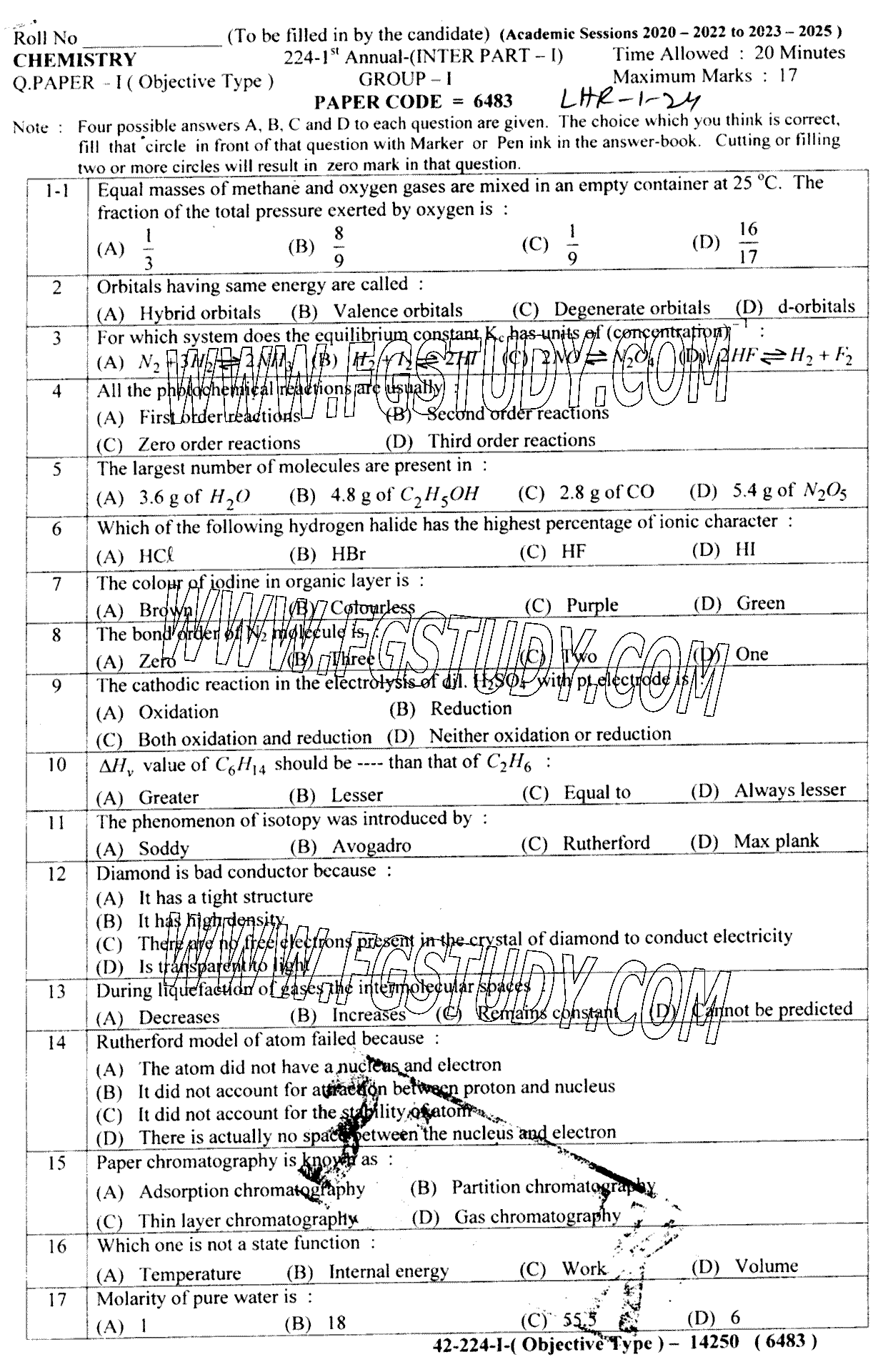 11th Class Chemistry Past Paper 2024 Lahore Board Group 1 Objective