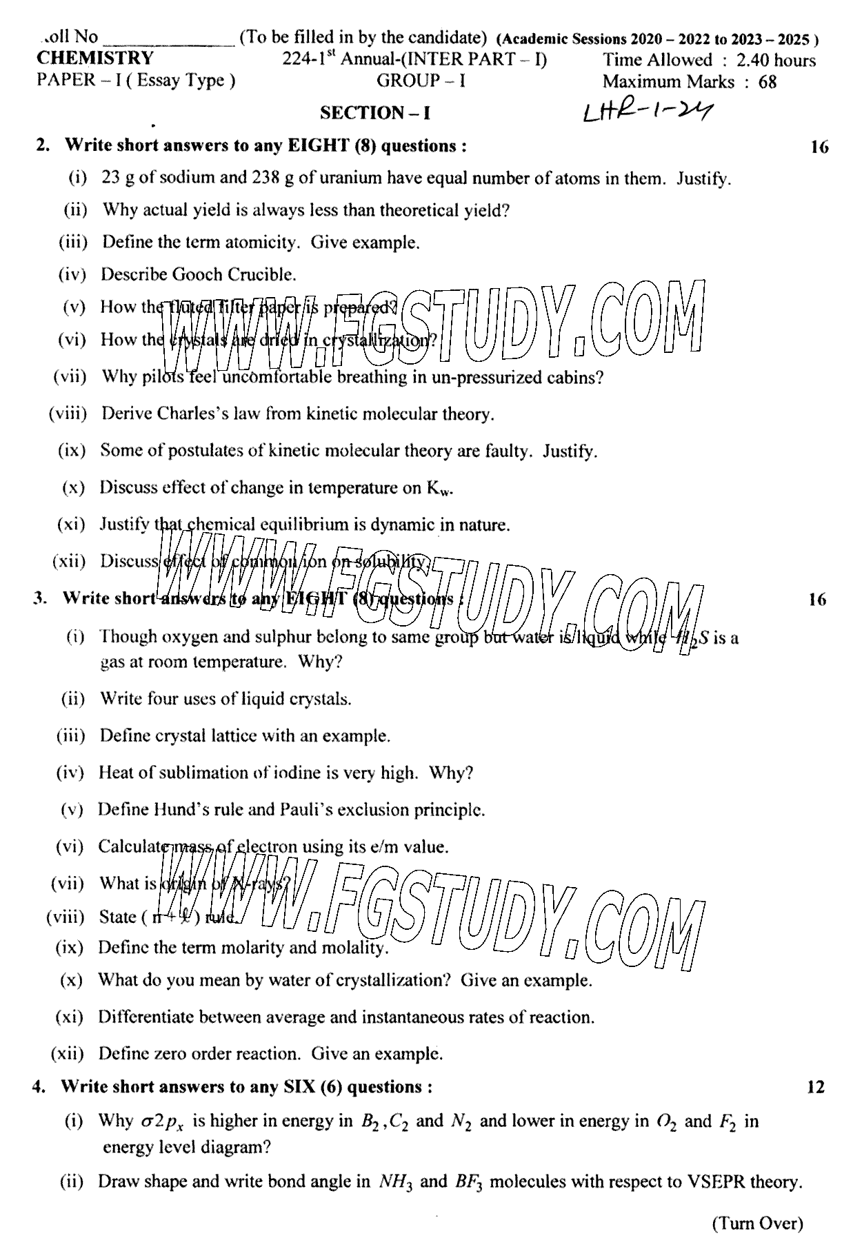 11th Class Chemistry Past Paper 2024 Lahore Board Group 1 Subjective