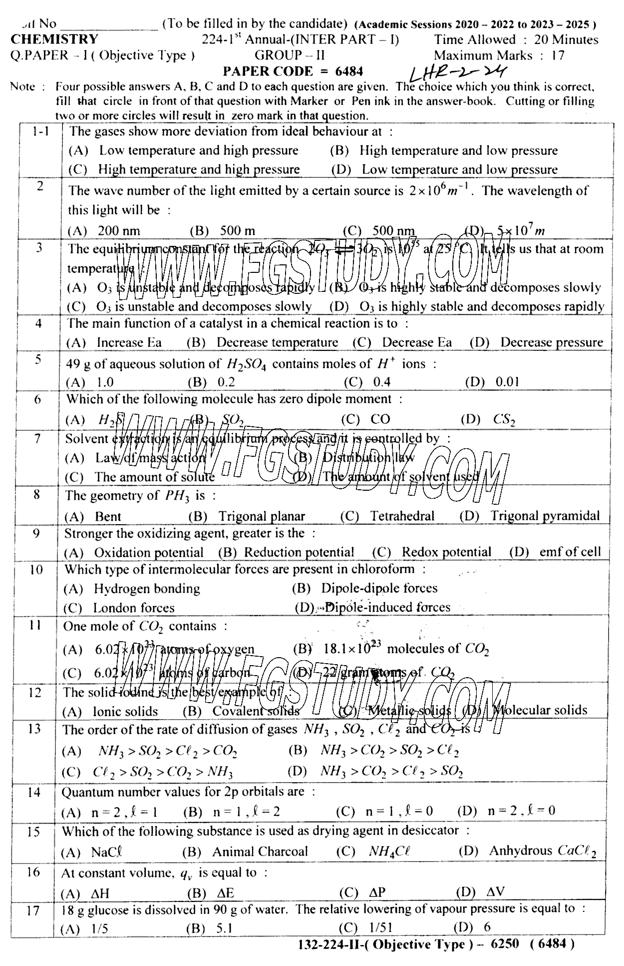 11th Class Chemistry Past Paper 2024 Lahore Board Group 2 Objective