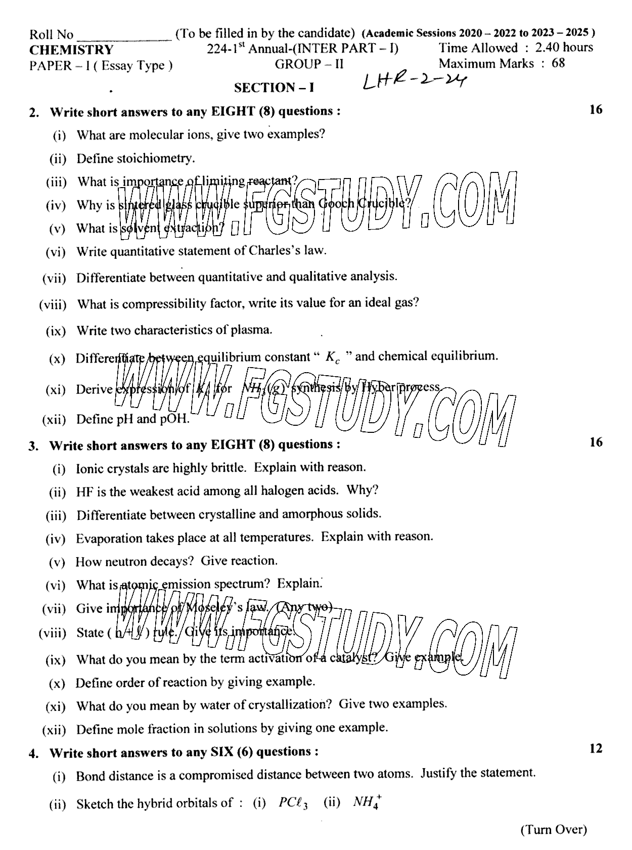 11th Class Chemistry Past Paper 2024 Lahore Board Group 2 Subjective