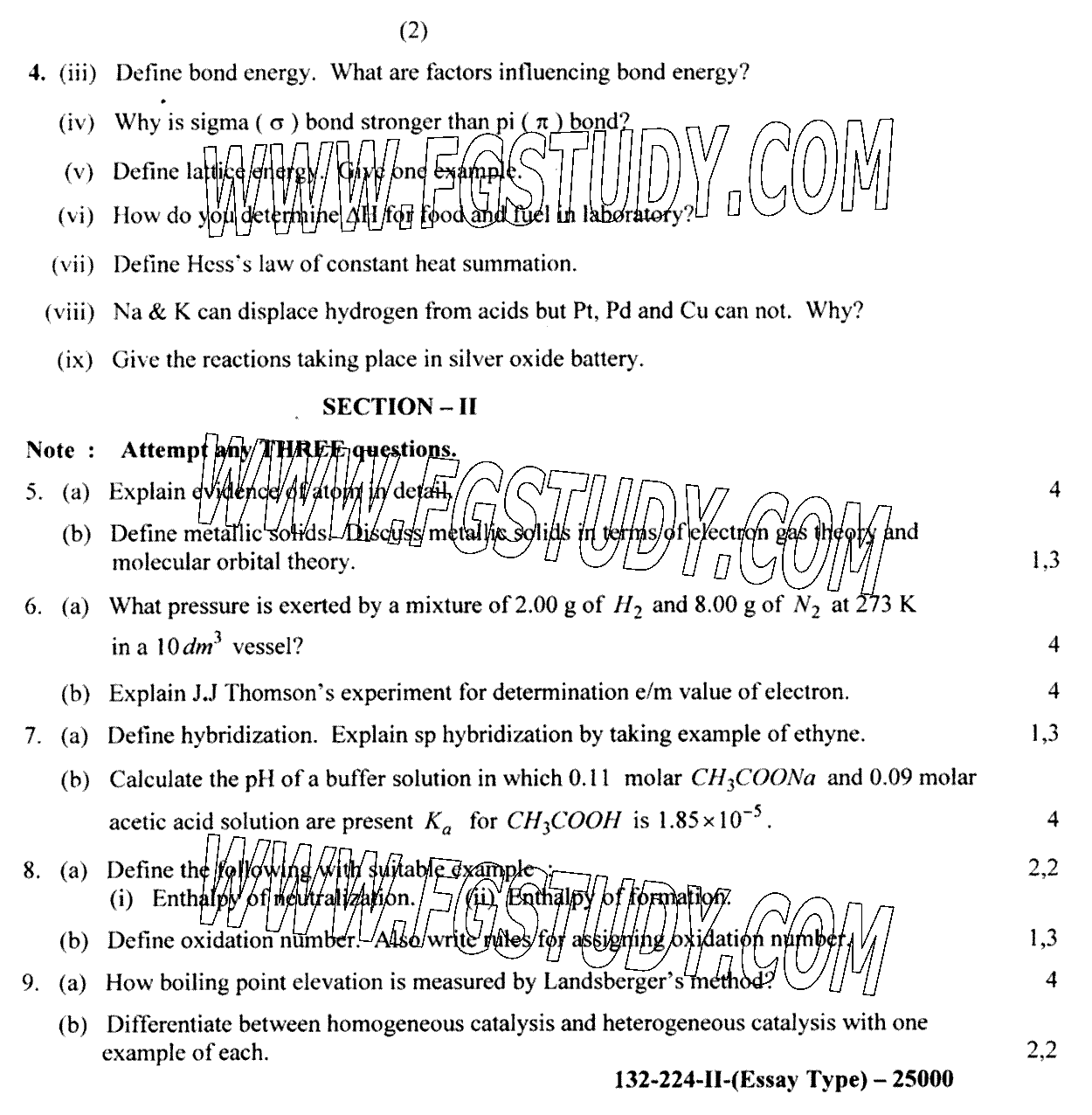 11th Class Chemistry Past Paper 2024 Lahore Board Group 2 Subjective