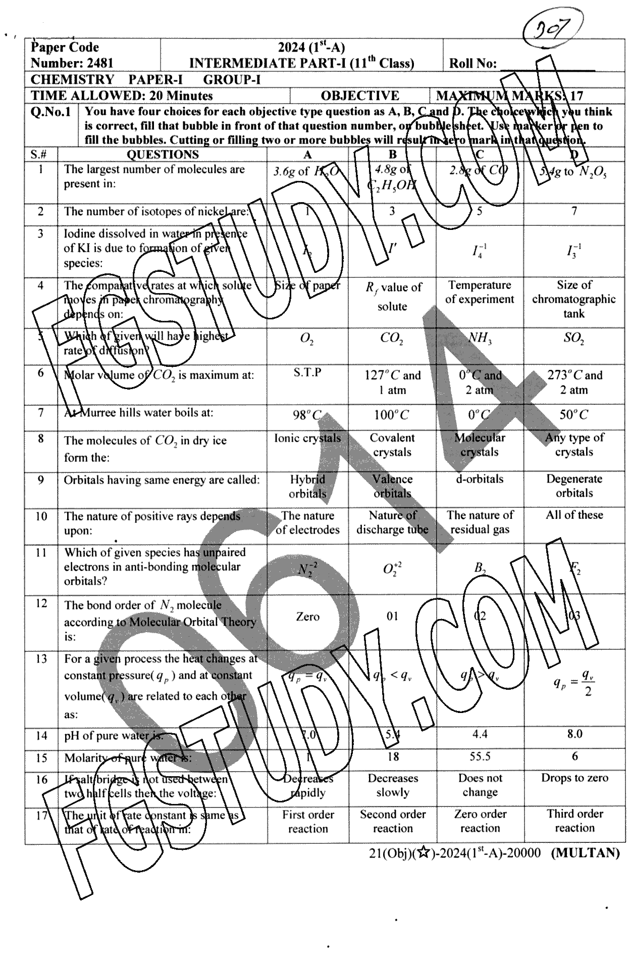 11th Class Chemistry Past Paper 2024 Multan Board Group 1 Objective