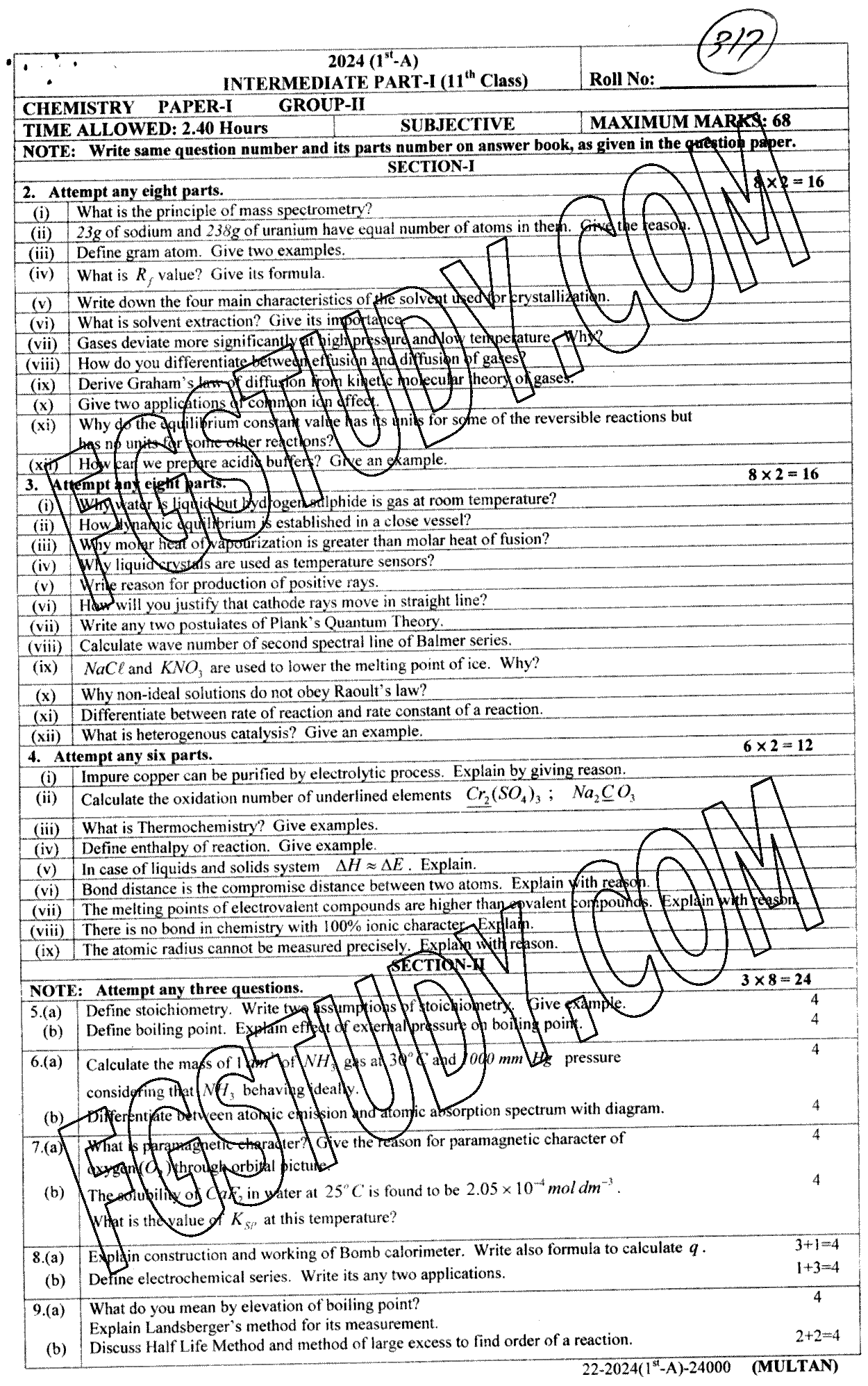 11th Class Chemistry Past Paper 2024 Multan Board Group 2 Subjective