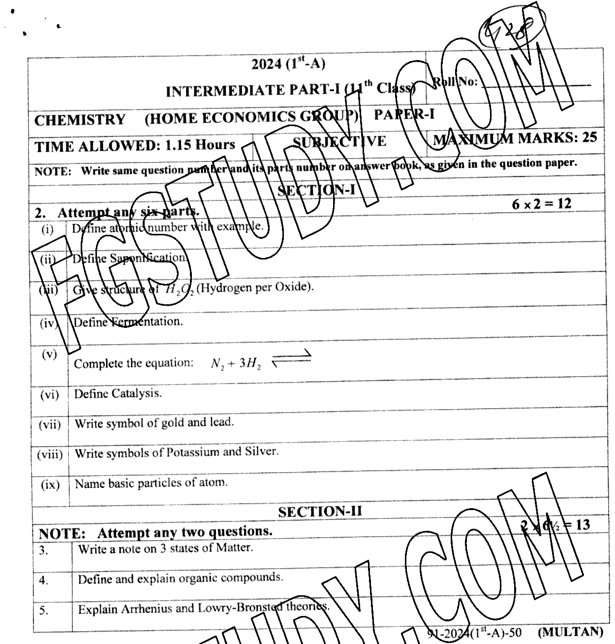 11th Class Chemistry Past Paper 2024 Multan Board Subjective