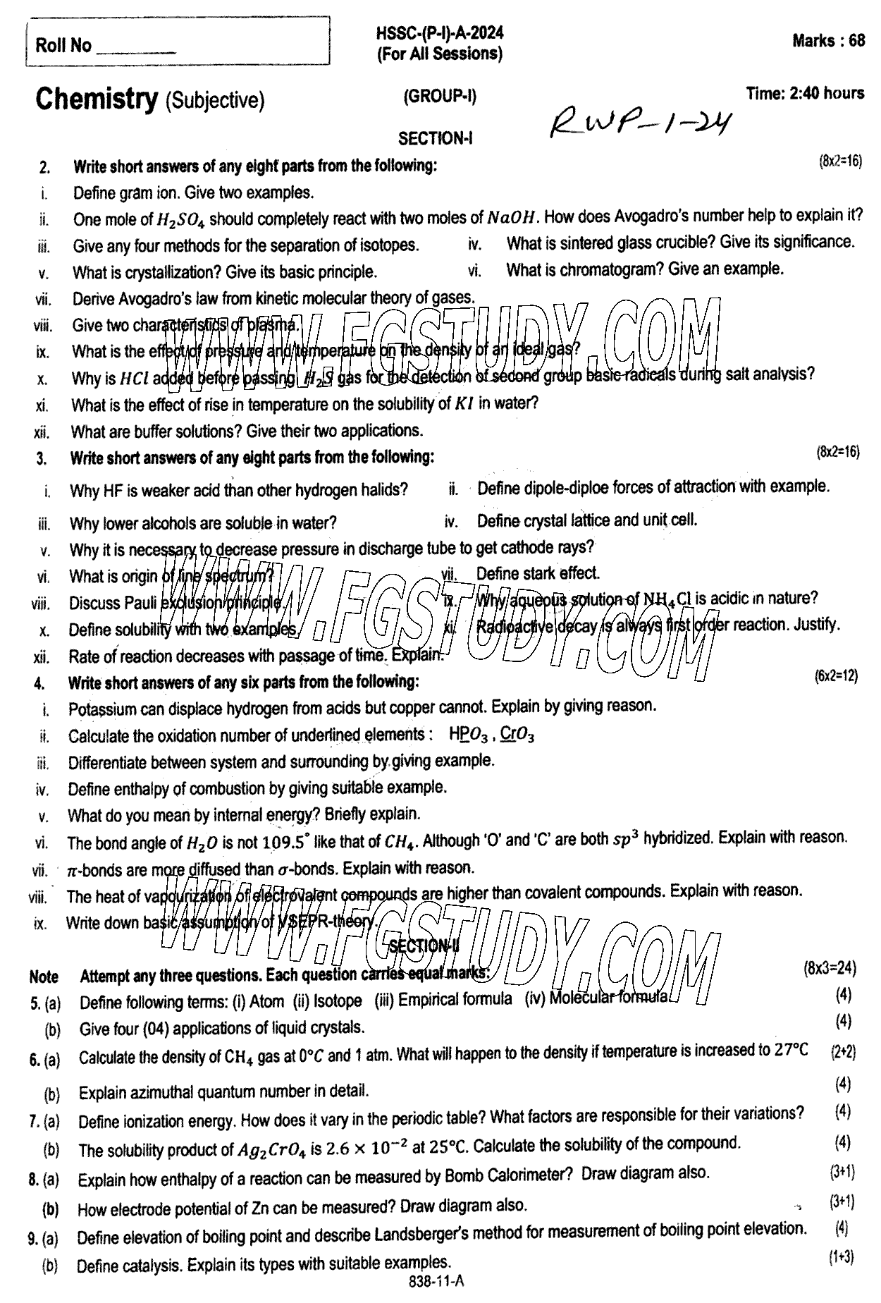 11th Class Chemistry Past Paper 2024 Rawalpindi Board Group 1 Subjective