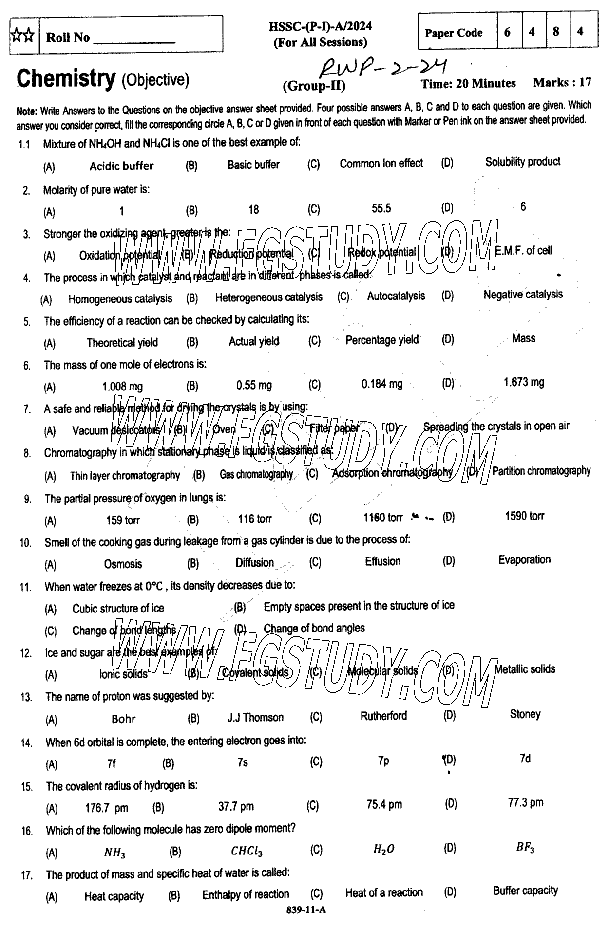 11th Class Chemistry Past Paper 2024 Rawalpindi Board Group 2 Objective