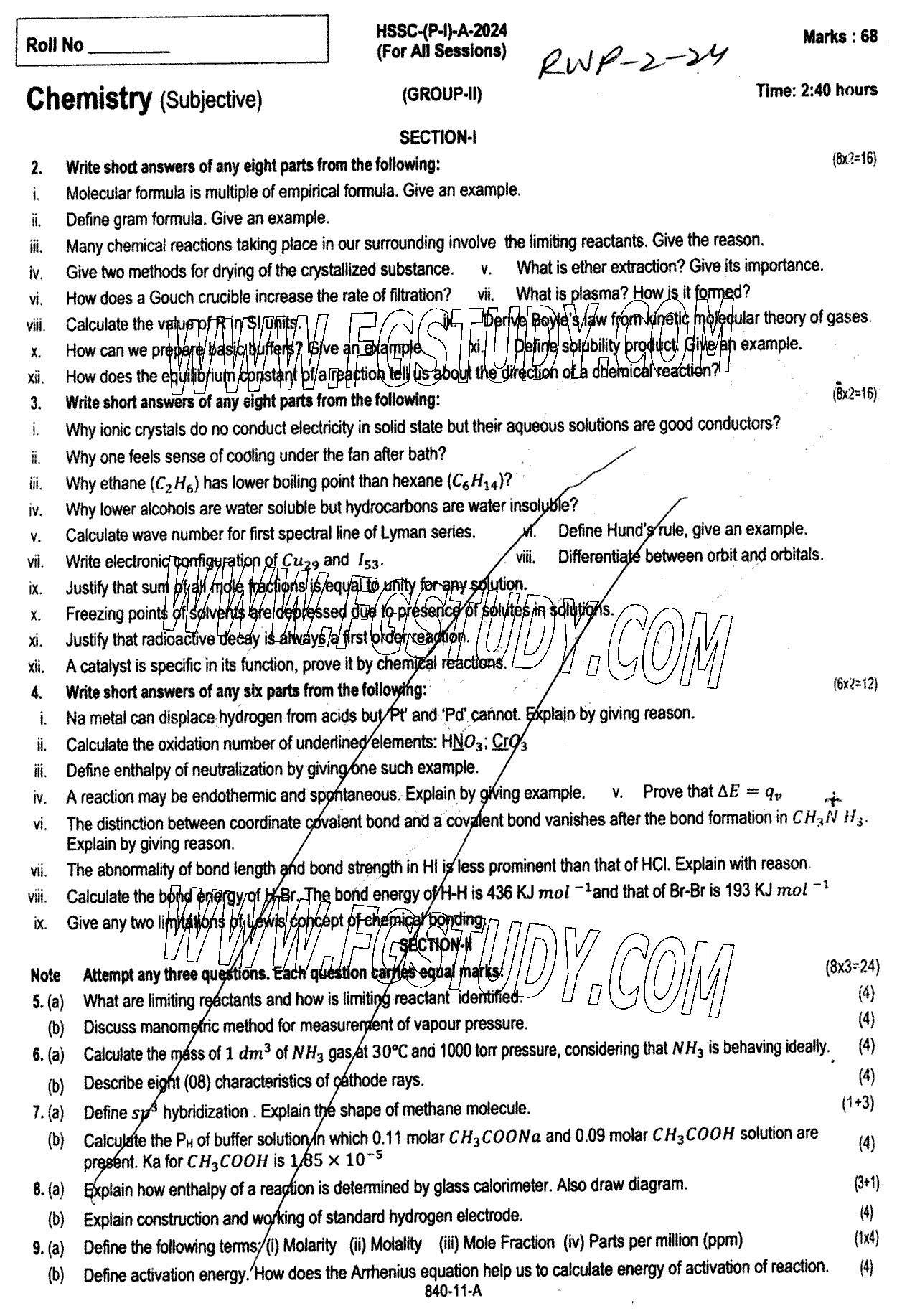 11th Class Chemistry Past Paper 2024 Rawalpindi Board Group 2 Subjective