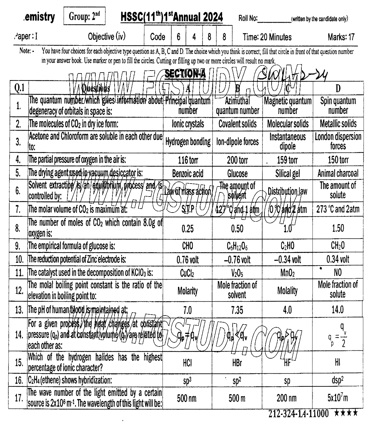 11th Class Chemistry Past Paper 2024 Sahiwal Board Group 2 Objective