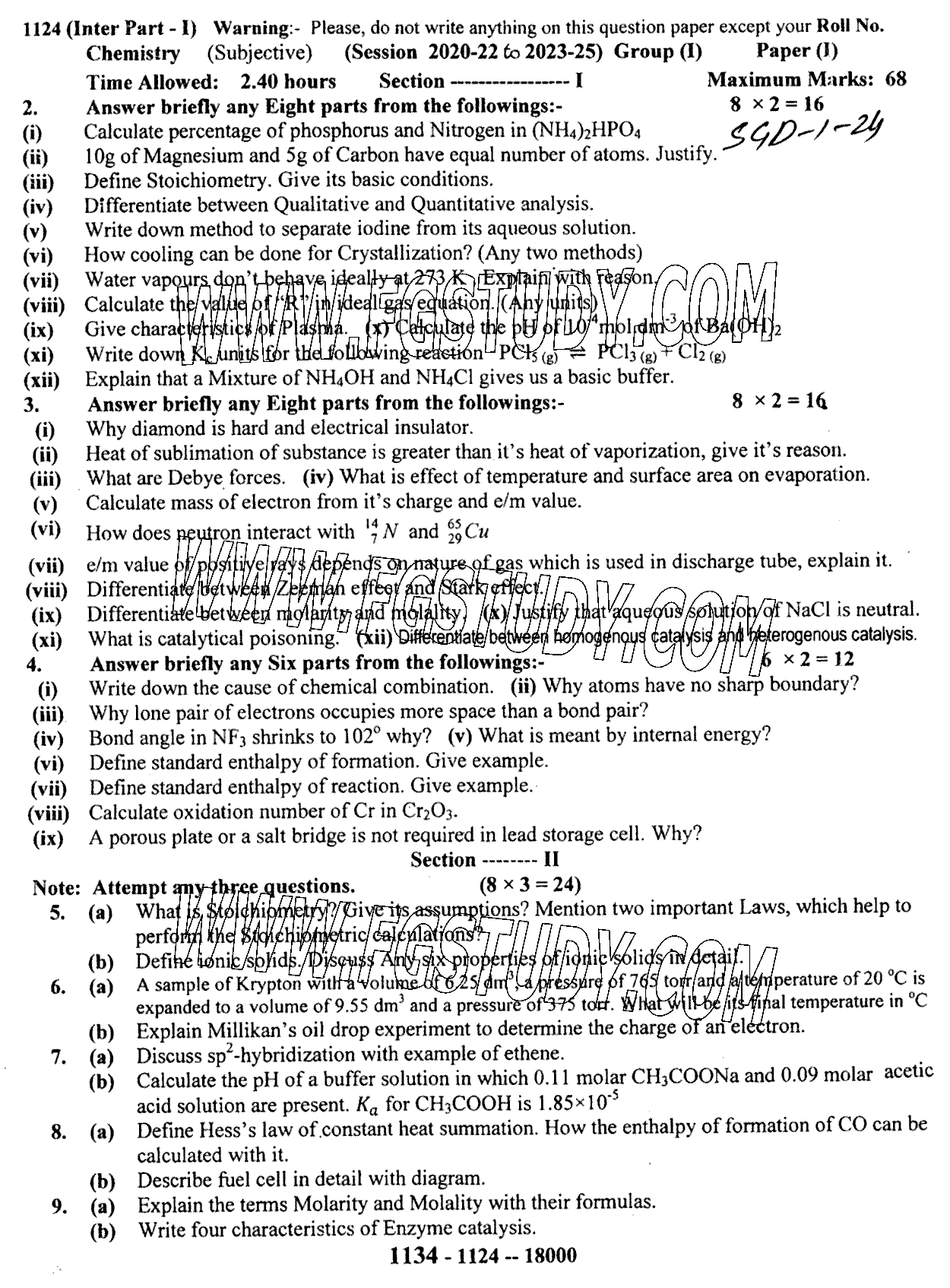 11th Class Chemistry Past Paper 2024 Sargodha Board Group 1 Subjective