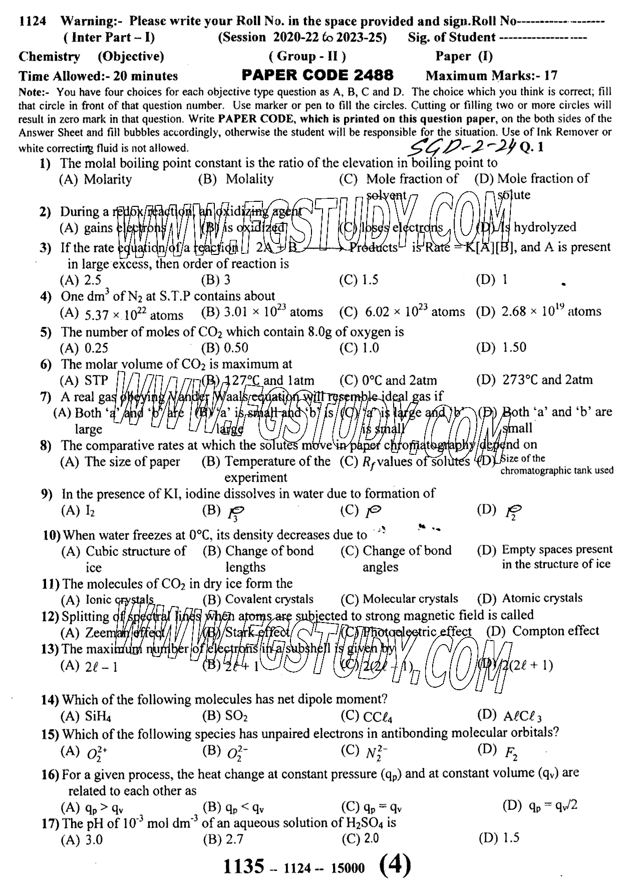 11th Class Chemistry Past Paper 2024 Sargodha Board Group 2 Objective