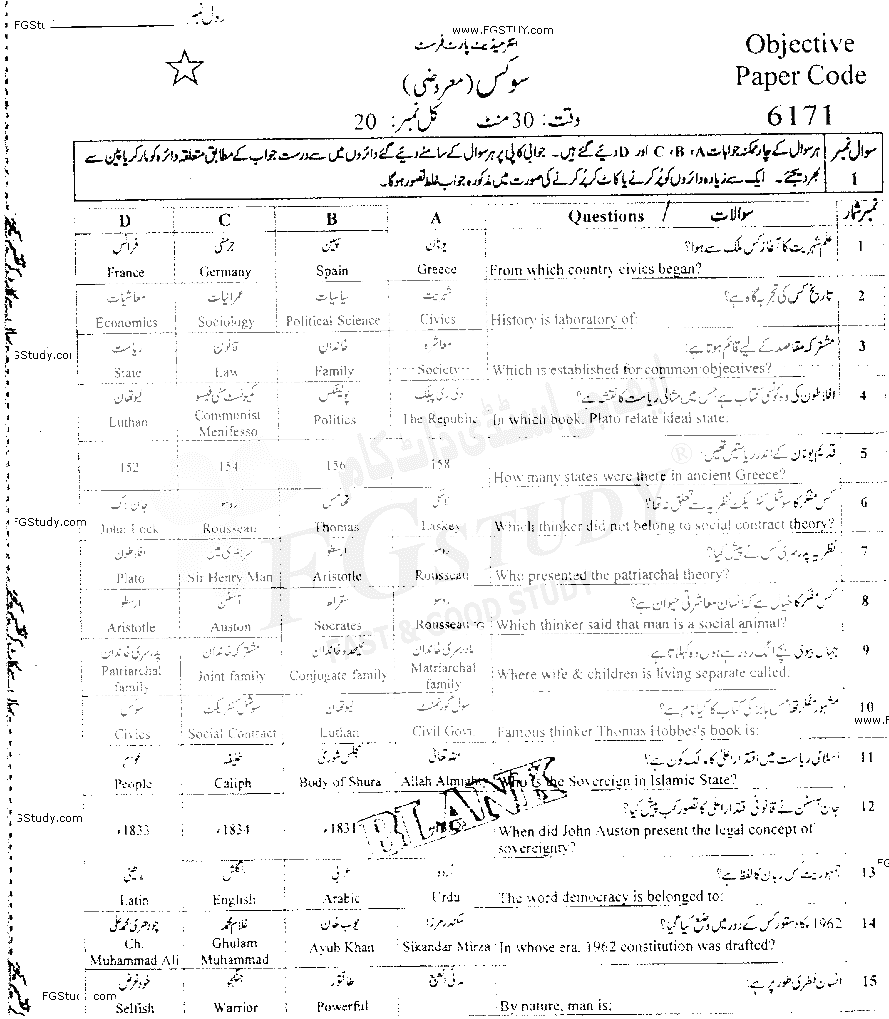 11th Class Civics Past Paper 2019 Faisalabad Board Objective