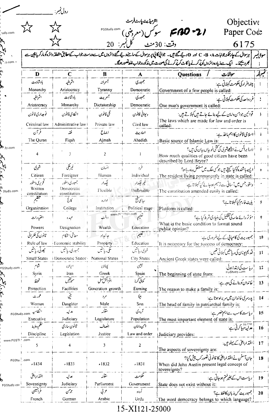 11th Class Civics Past Paper 2021 Faisalabad Board Objective