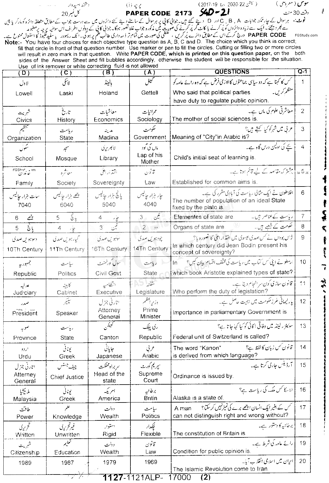 11th Class Civics Past Paper 2021 Sargodha Board Objective