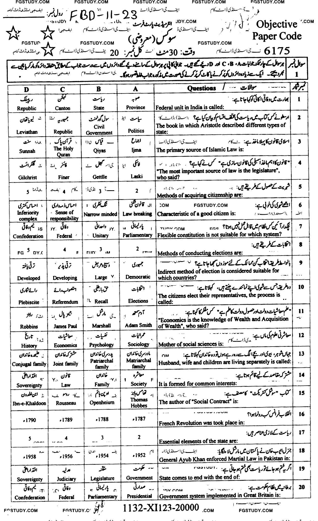 11th Class Civics Past Paper 2023 Faisalabad Board Objective