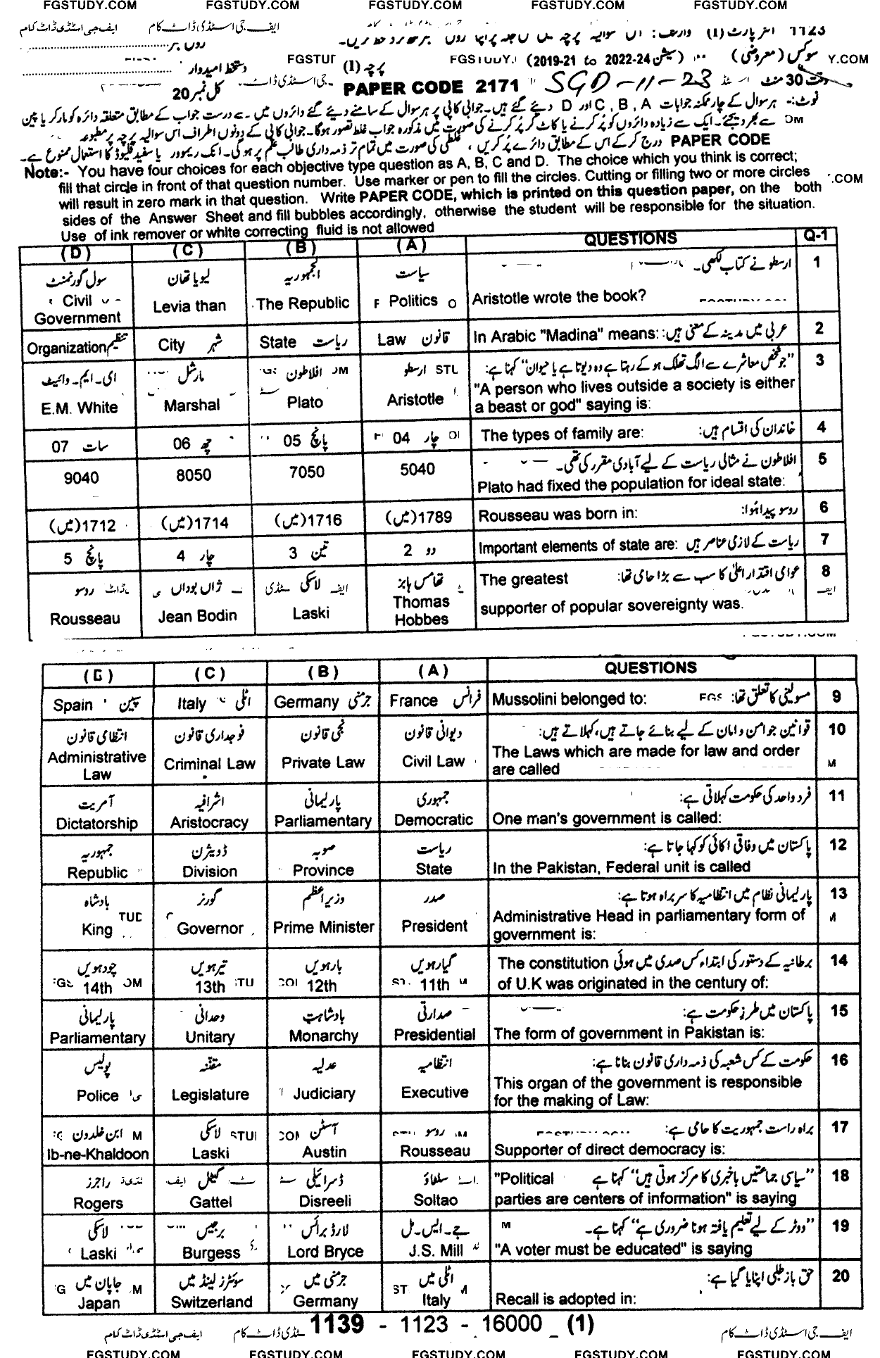11th Class Civics Past Paper 2023 Sargodha Board Objective