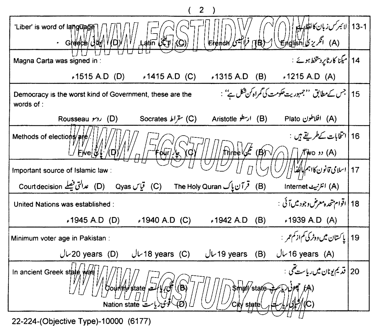 11th Class Civics Past Paper 2024 Lahore Board Objective