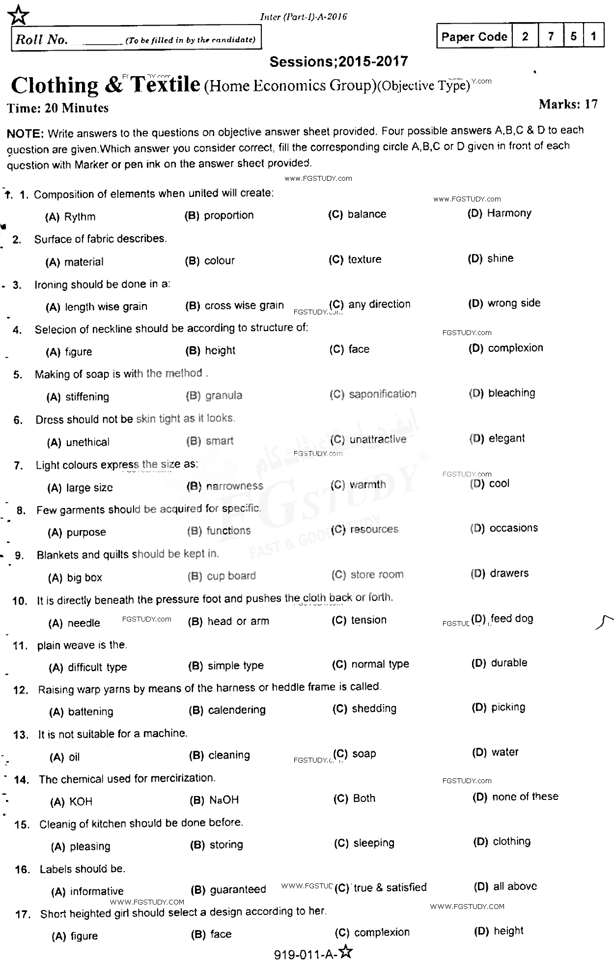 11th Class Clothing And Textile Past Paper 2016 Rawalpindi Board Objective