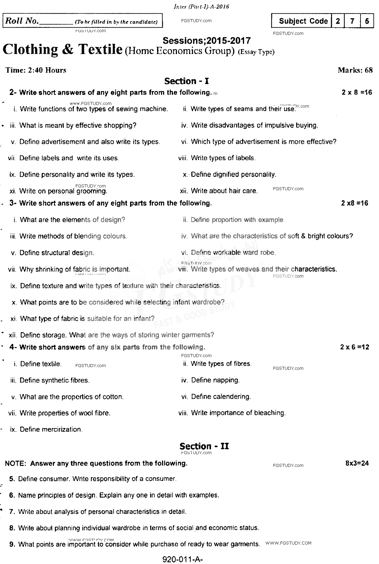 11th Class Clothing And Textile Past Paper 2016 Rawalpindi Board Subjective