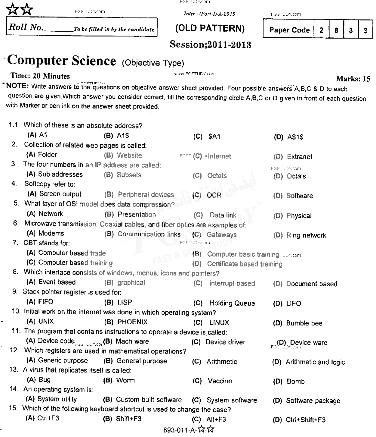 11th Class Computer Science Past Paper 2015 Rawalpindi Board Objective
