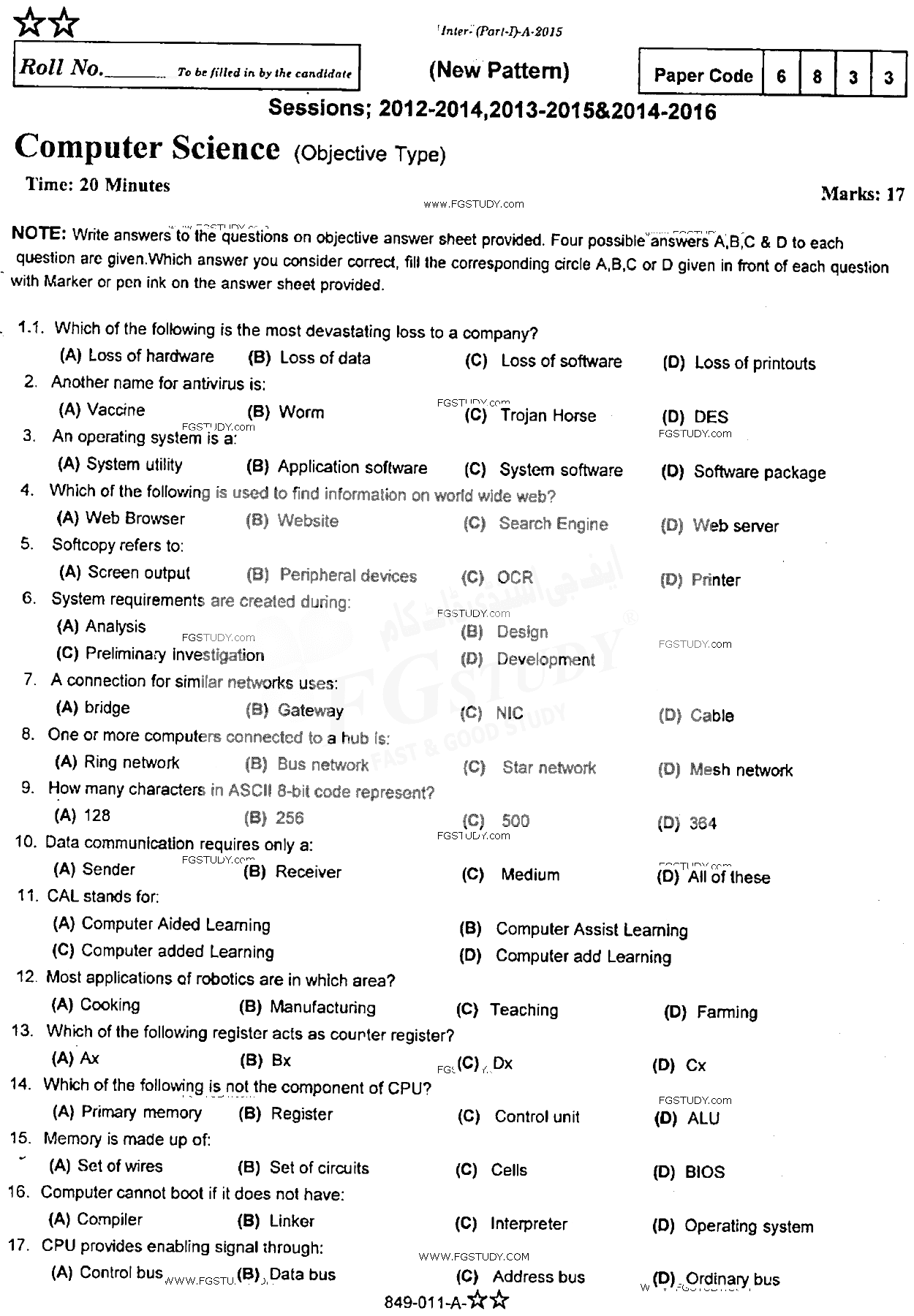 11th Class Computer Science Past Paper 2015 Rawalpindi Board Objective