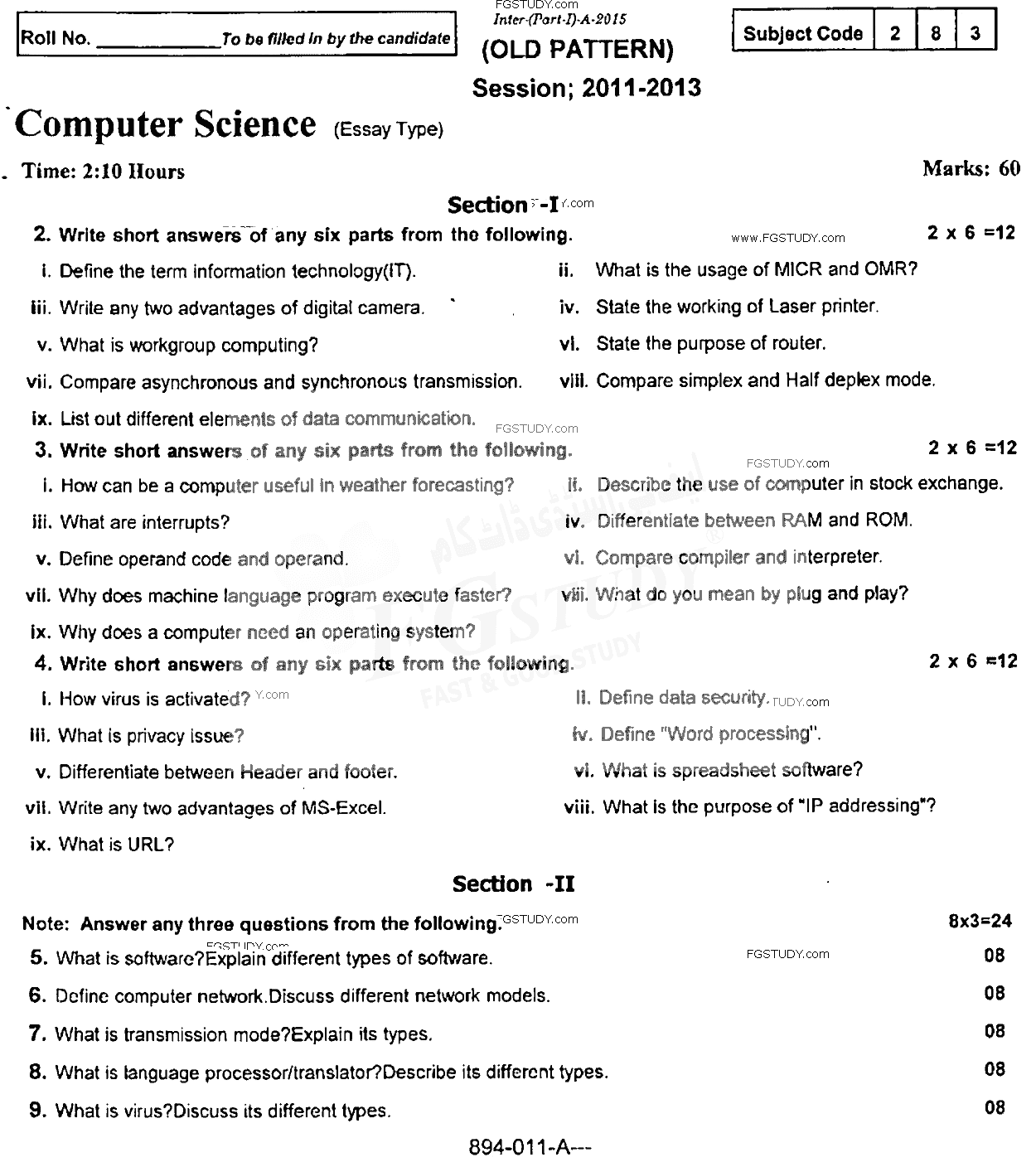 11th Class Computer Science Past Paper 2015 Rawalpindi Board Subjective