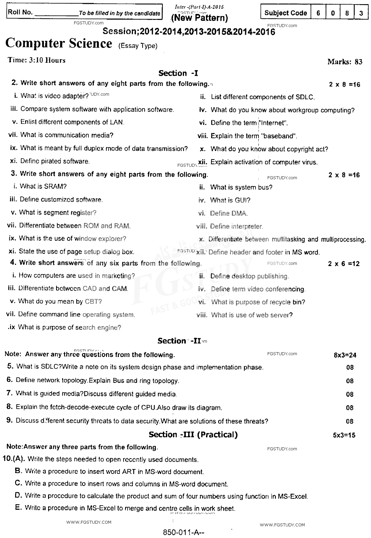 11th Class Computer Science Past Paper 2015 Rawalpindi Board Subjective